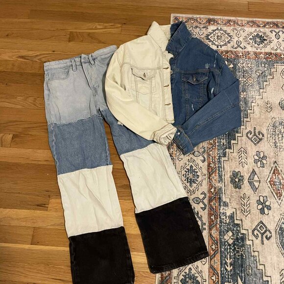 colorful jeans and half bleached jean jacket - Picture 1 of 6